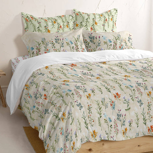 Housse de couette imprimée florale – Fond beige rosé doux pour chambre moderne