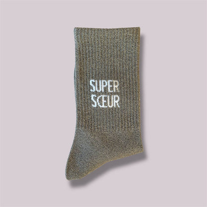 Paire de chaussettes paillettes "Super soeur" - Grège