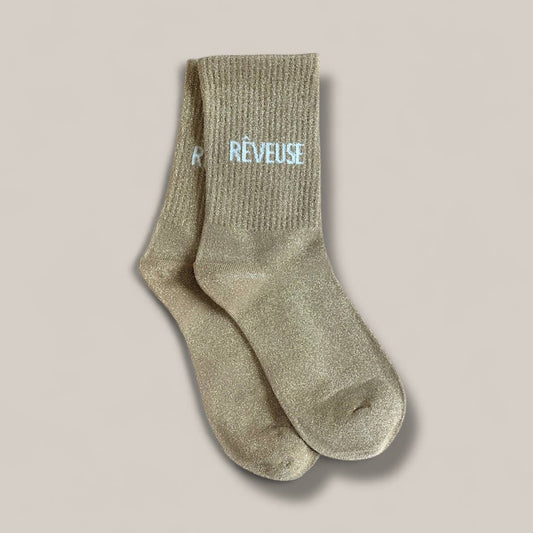 Paire de chaussettes paillettes "Rêveuse" - Beige doré