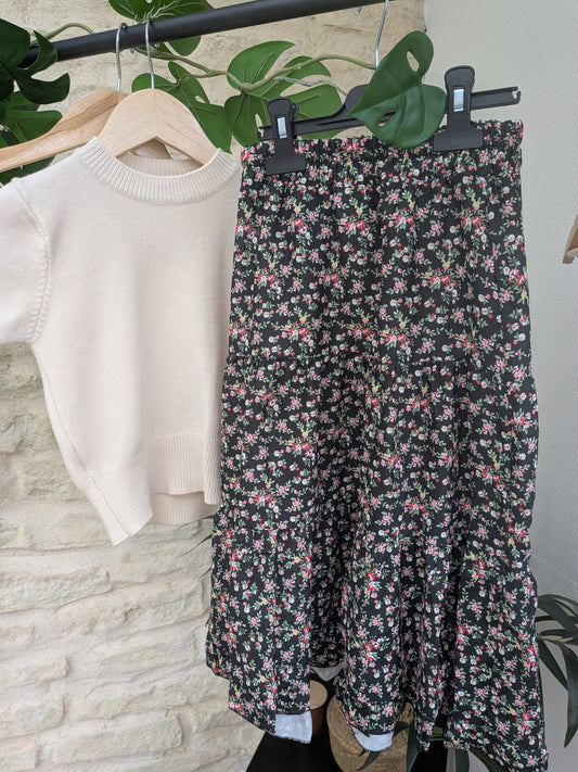 Jupe midi fleurie à volants
